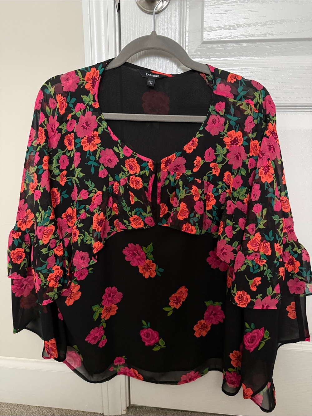 Express Black Blouse with Pink & Orange Floral Print